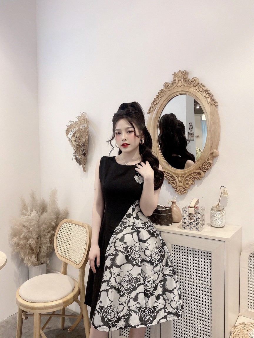 Đầm xoè gấm phối màu - D926
